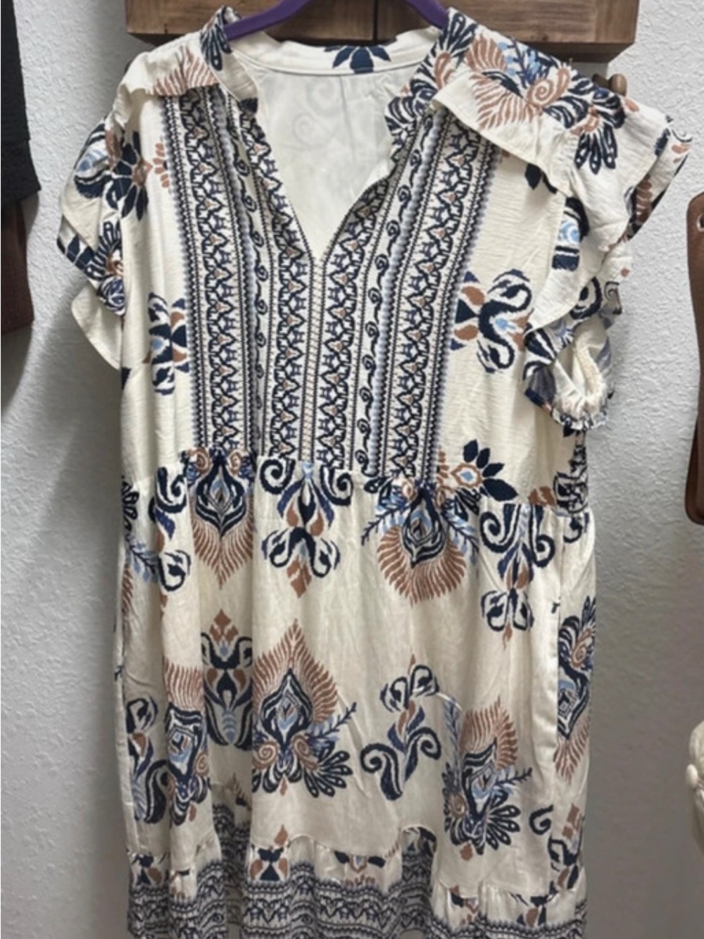 Cream Floral-Print Midi Dress with Navy and Taupe Accents
